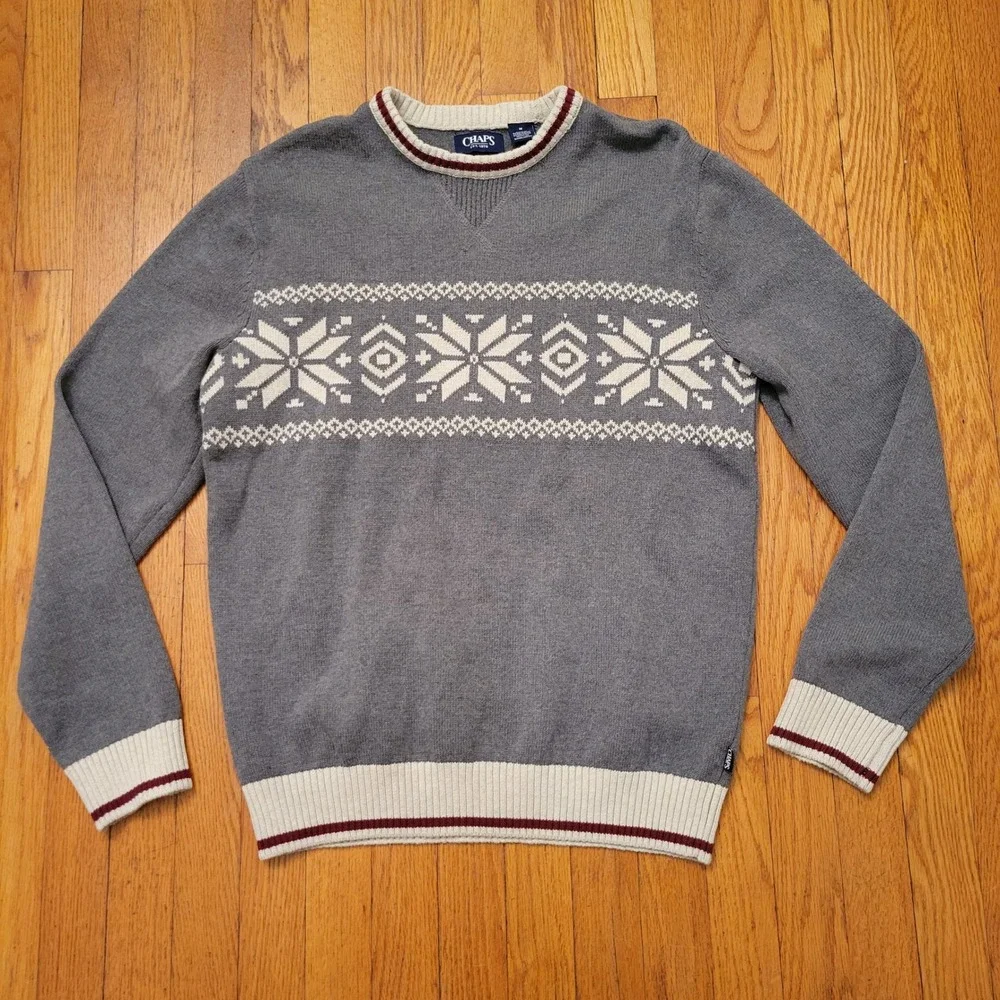 Chaps Gray Fair Isle Snowflake Winter Sweater M‎ Cozy Pullover Knit Gift Holiday